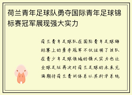 荷兰青年足球队勇夺国际青年足球锦标赛冠军展现强大实力