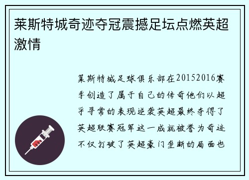 莱斯特城奇迹夺冠震撼足坛点燃英超激情