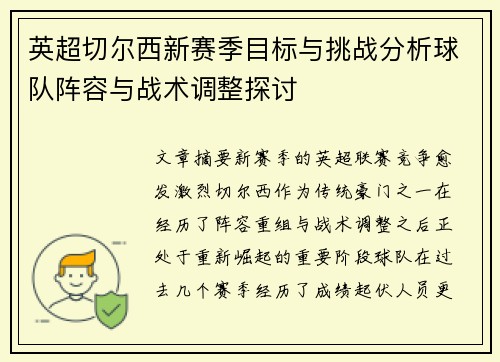 英超切尔西新赛季目标与挑战分析球队阵容与战术调整探讨